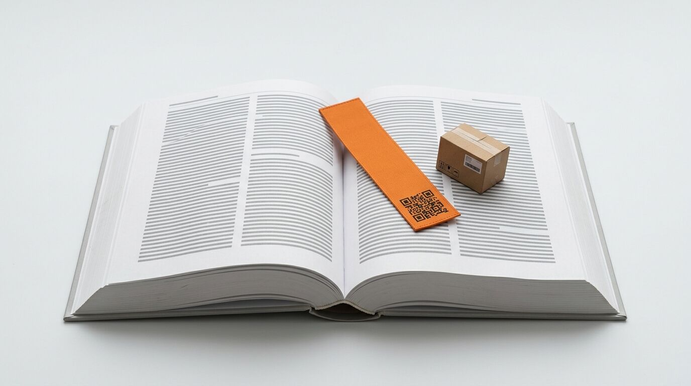 Offenes Buch mit orangefarbenem Lesezeichen (QR-Code) und kleinem Paket