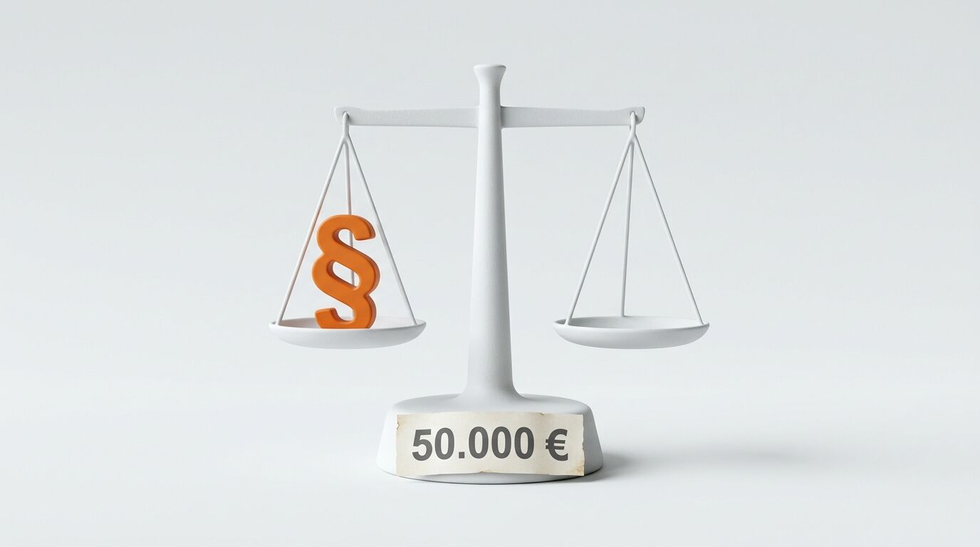 Weiße Balkenwaage, linke Waagschale mit orangefarbenem Paragrafensymbol, Schild „50.000 €“