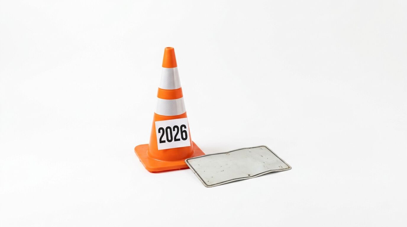 Verkehrskegel mit Aufkleber „2026“ und danebenliegendem, blankem Nummernschild auf weißem Grund
