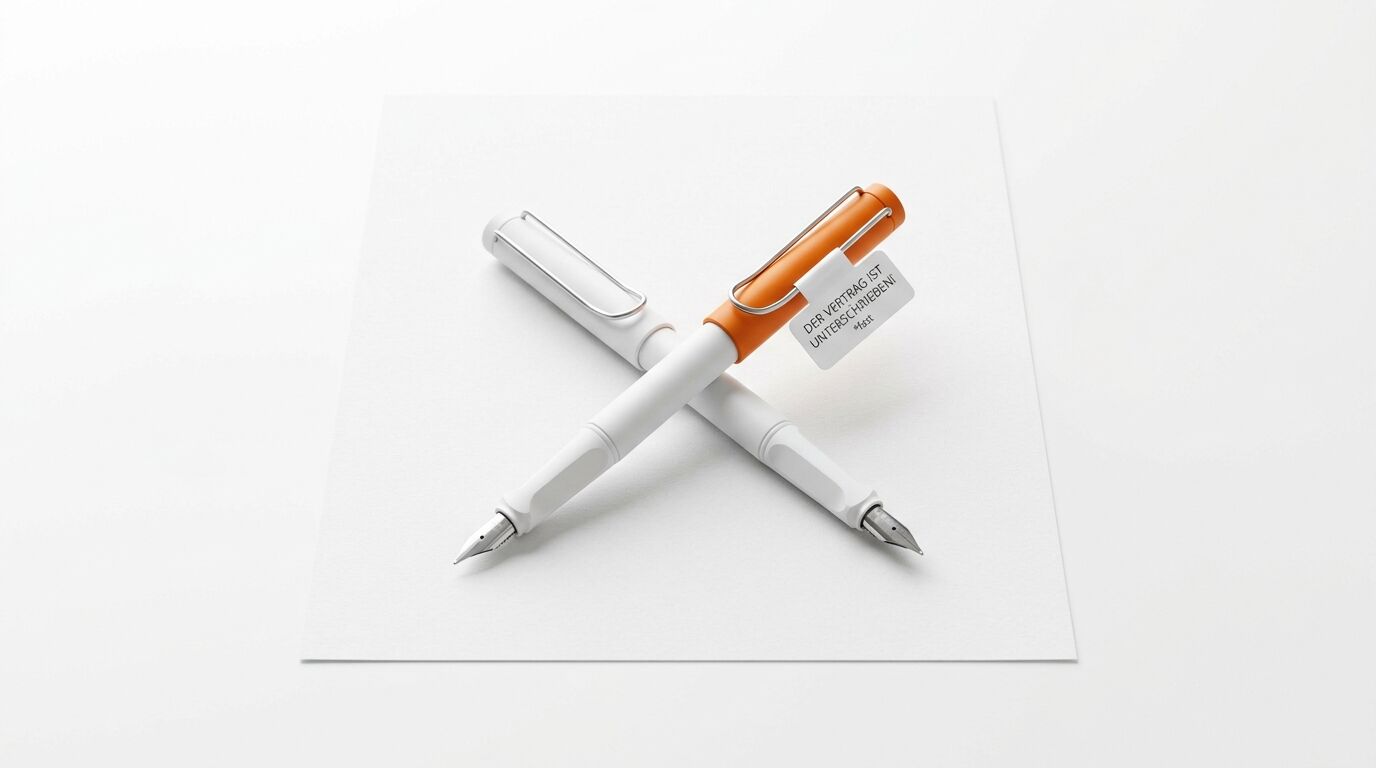 Zwei über Kreuz liegende Lamy-Füller auf weißem Papier. Ein Füller hat eine orangefarbene Kappe