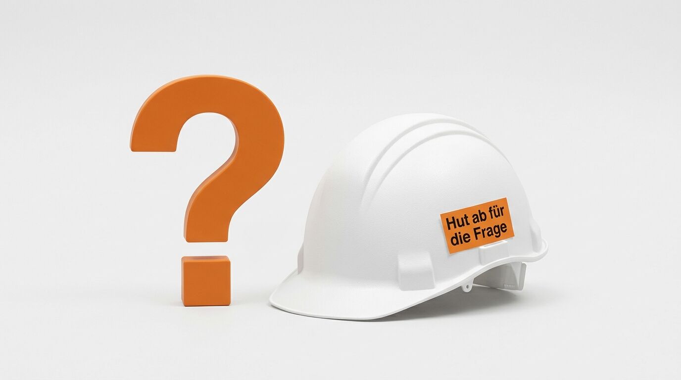 Ein orangefarbenes Fragezeichen neben einem weißen Schutzhelm vor weißem Hintergrund