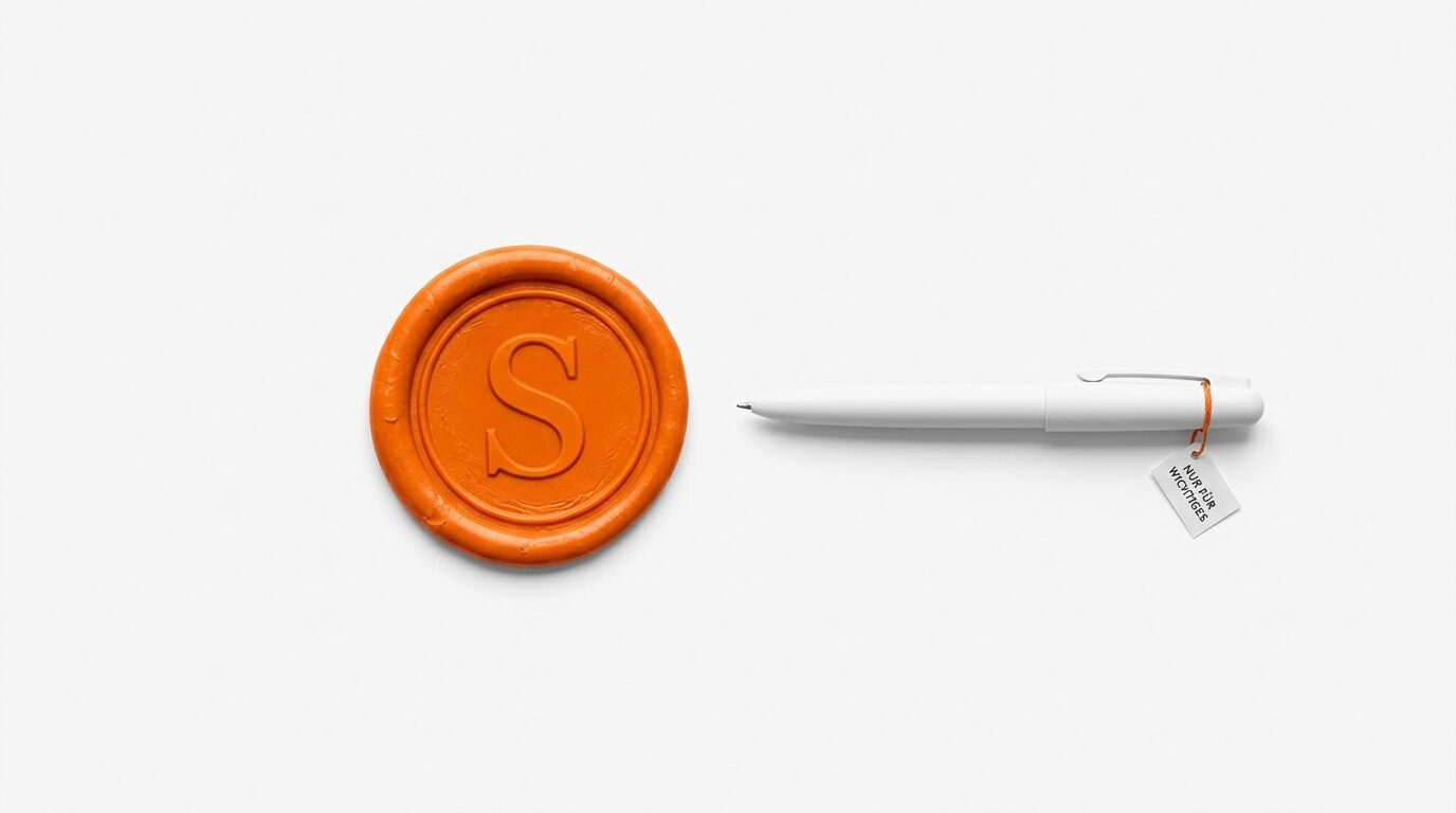 Oranges Siegel mit „S“, weißer Kugelschreiber, Anhänger „NUR FÜR WICHTIGES“, weißer Grund