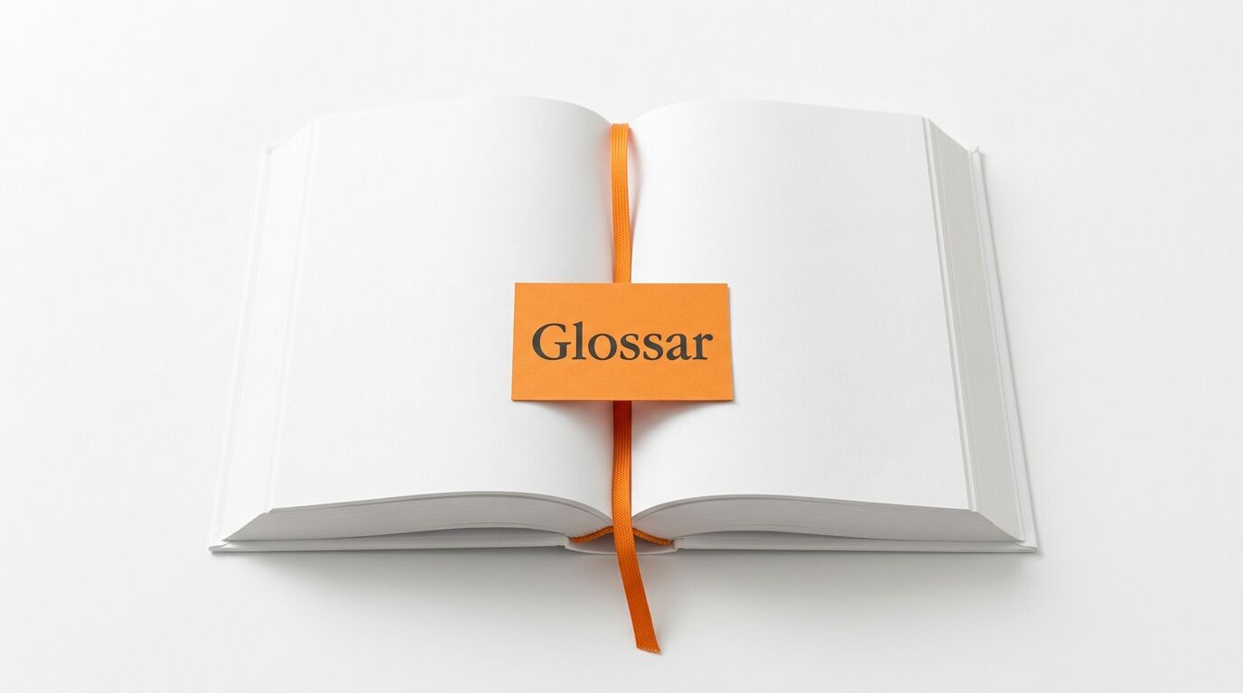 Offenes Buch mit Blankoseiten, orangefarbenem Lesebändchen und Kärtchen „Glossar“ auf weiß