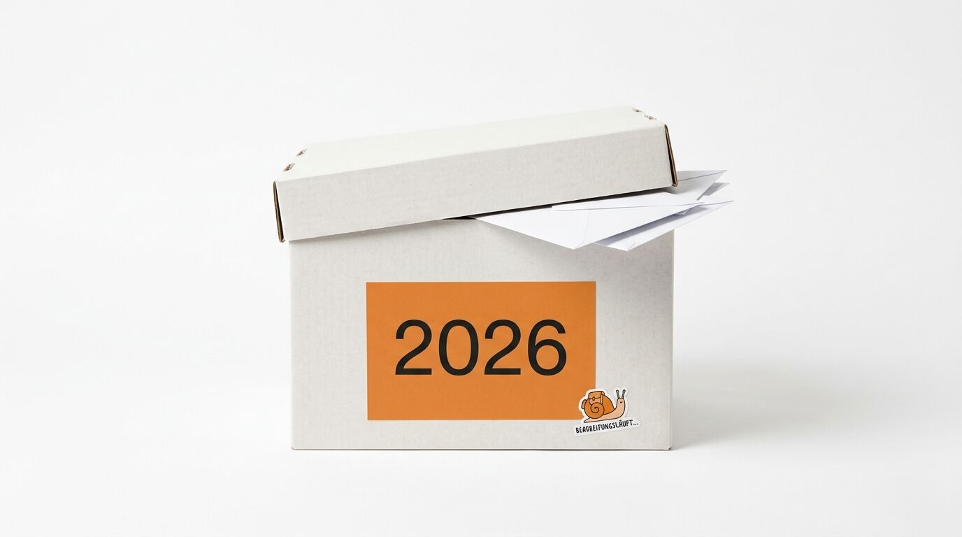 Offener weißer Karton mit Aufkleber „2026“, Schneckenlogo und Briefumschlägen