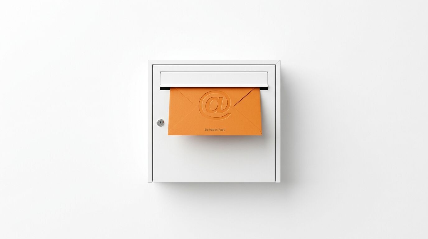 Weißer Briefkasten mit orangefarbenem Umschlag mit @-Symbol und Aufschrift „Sie haben Post!“