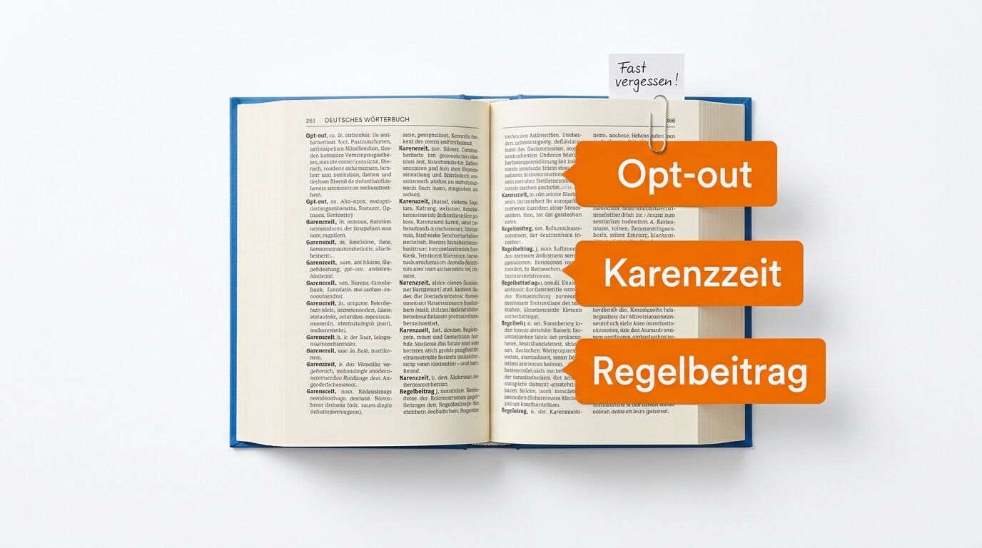 Aufgeschlagenes deutsches Wörterbuch mit drei orangen Sprechblasen und einer Notiz