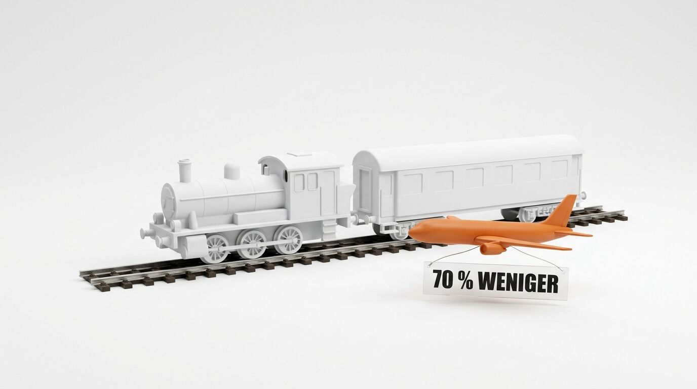 Weißer Modellzug mit orangefarbenem Flugzeug und einem Schild „70 % WENIGER“