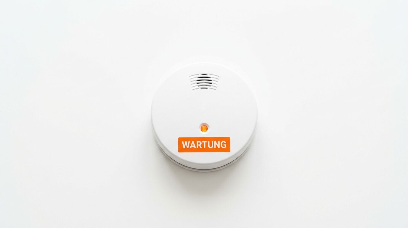 Ein Rauchmelder mit einem orangen Aufkleber und dem Text „WARTUNG“