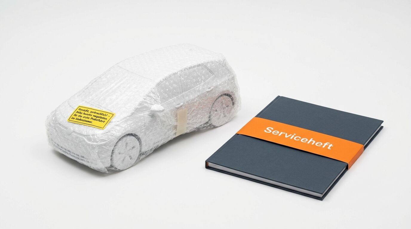 Weißes Spielzeugauto in Luftpolsterfolie und dunkles Serviceheft mit orangener Banderole