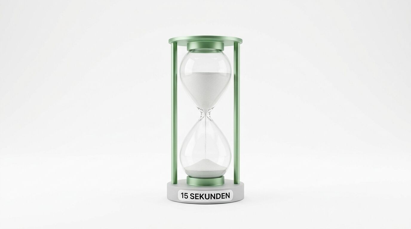 Eine Sanduhr mit hellem Metallrahmen und dem Aufdruck „15 SEKUNDEN“ auf dem Sockel