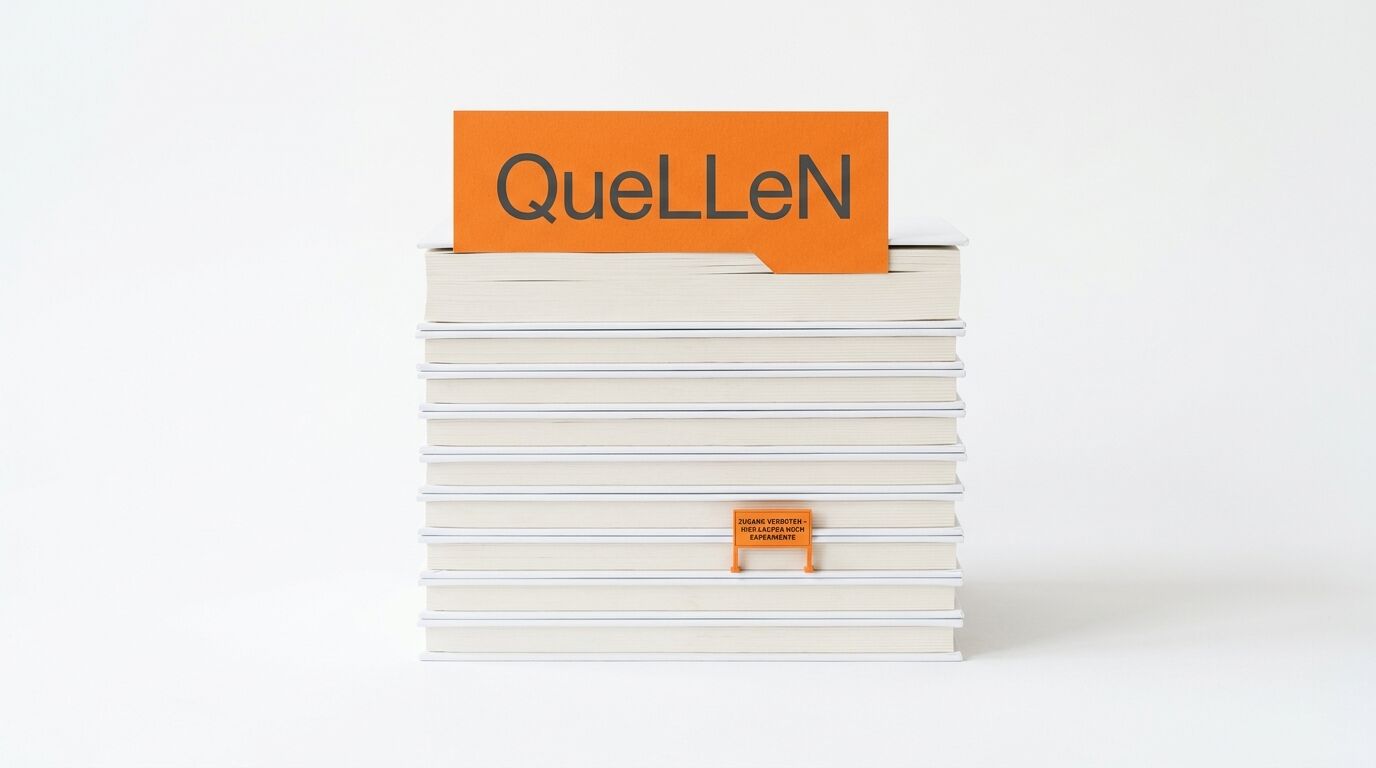 Bücherstapel mit Schildern „QueLLeN“ und „ZUGANG VERBOTEN“ auf Weiß