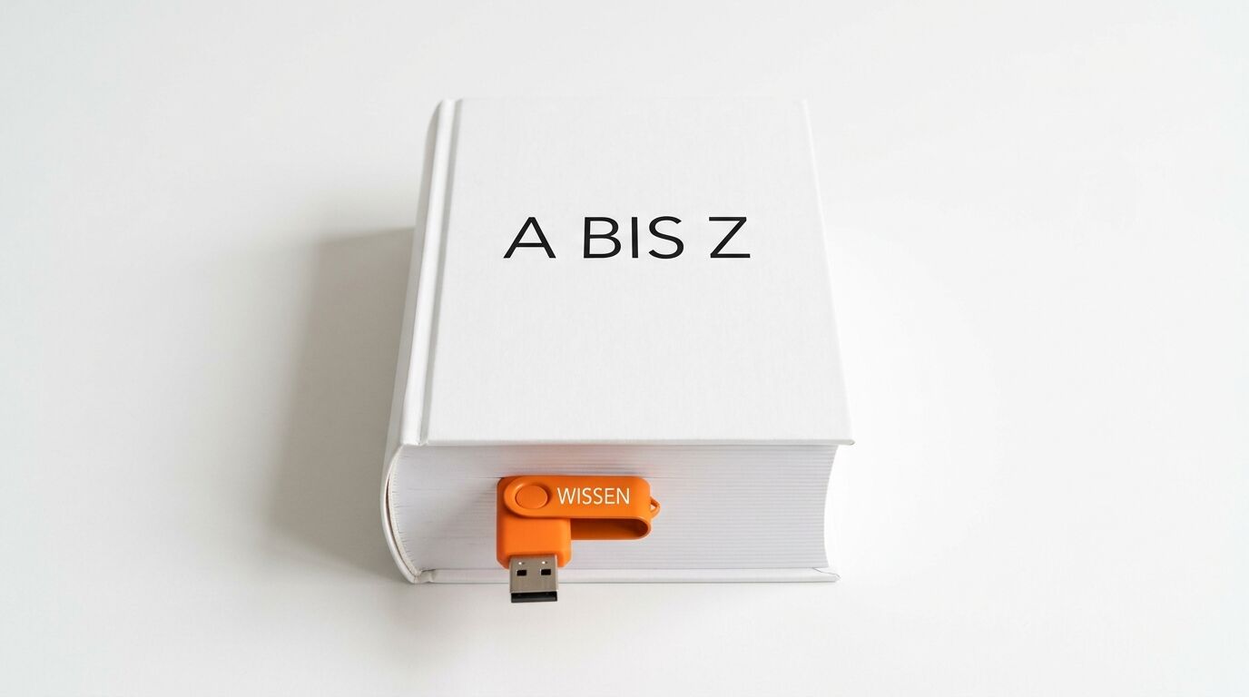 Weißes Buch mit Aufschrift „A BIS Z“ und orangem USB-Stick mit „WISSEN“