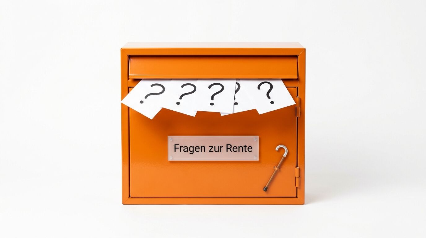Oranger Briefkasten mit Fragezeichen-Zetteln und Schild „Fragen zur Rente“, Spazierstock-Magnet
