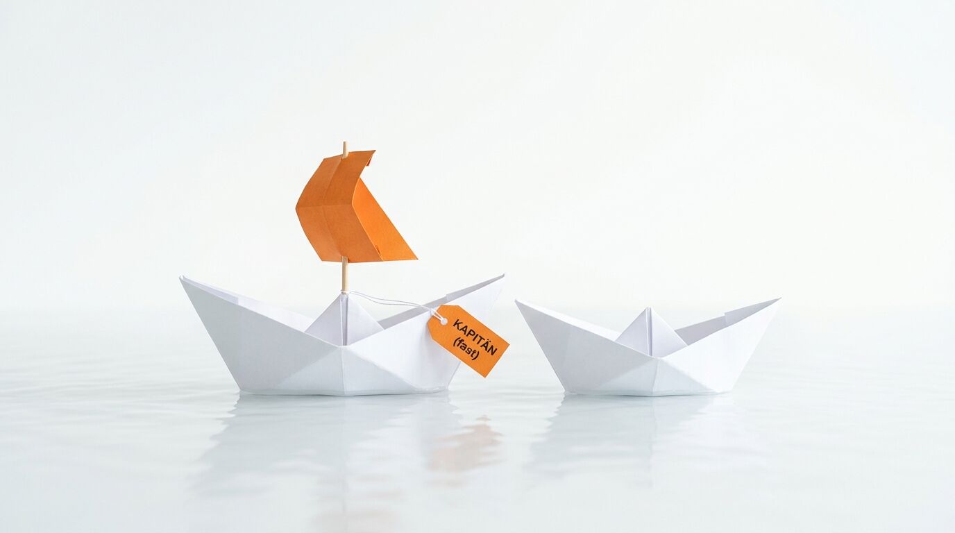 Zwei weiße Papierboote im Wasser, links mit orangefarbenem Segel und Anhänger