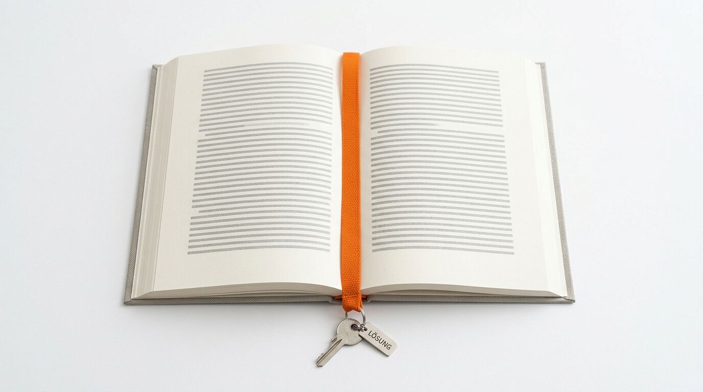 Geöffnetes Buch mit leerem Text und orangefarbenem Leseband mit Schlüssel und „Lösung“-Anhänger