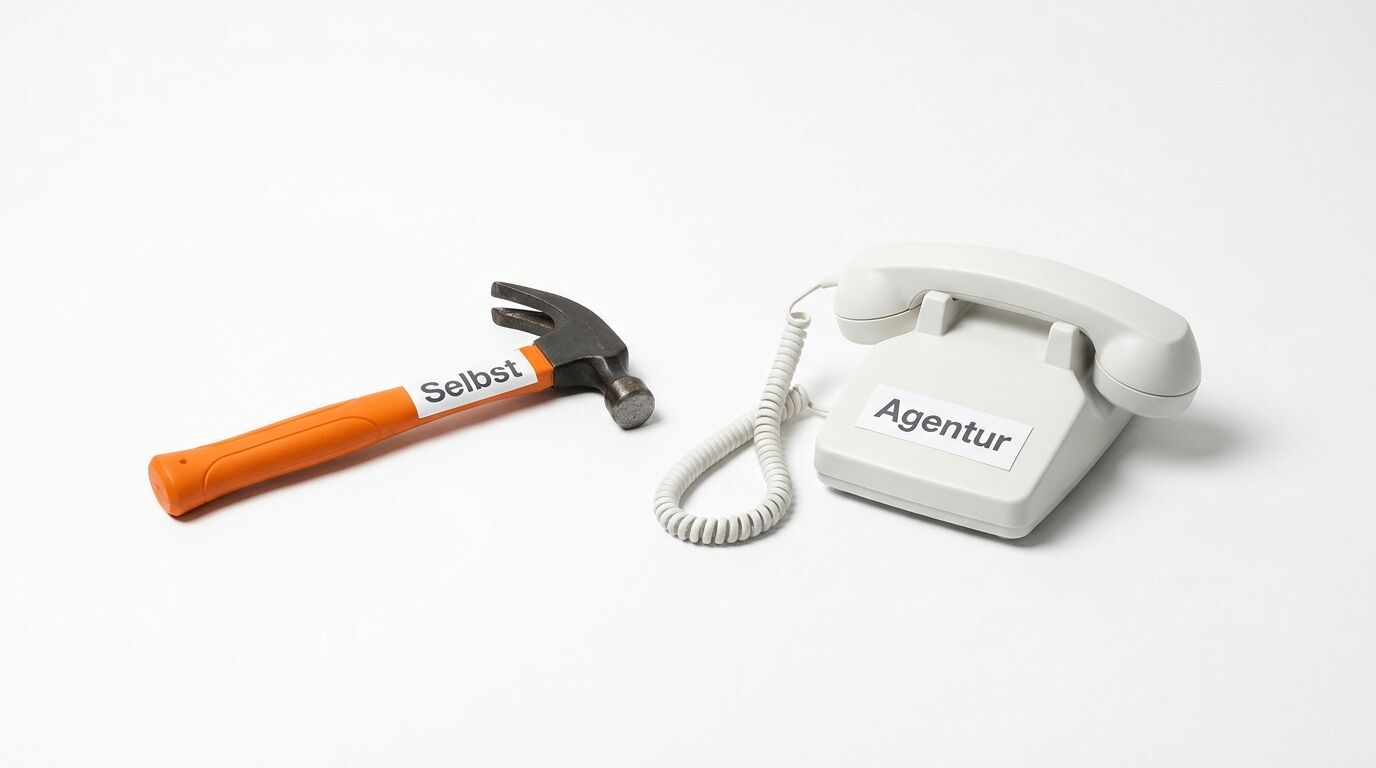 Hammer (orange, „Selbst“) und Telefon (weiß, „Agentur“) auf weißem Grund