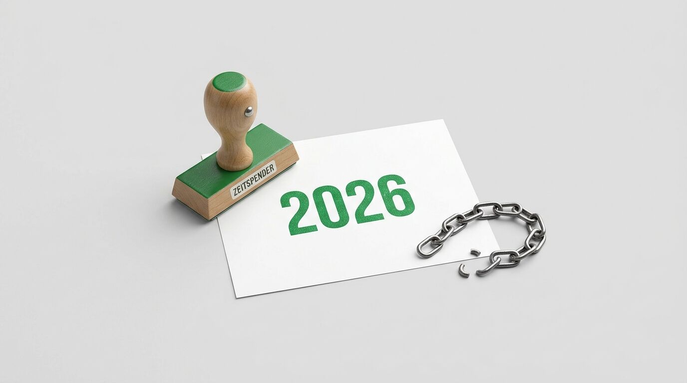 Stempel „ZEITSPENDER“ auf Karte mit grünem „2026“ und gebrochener Kette