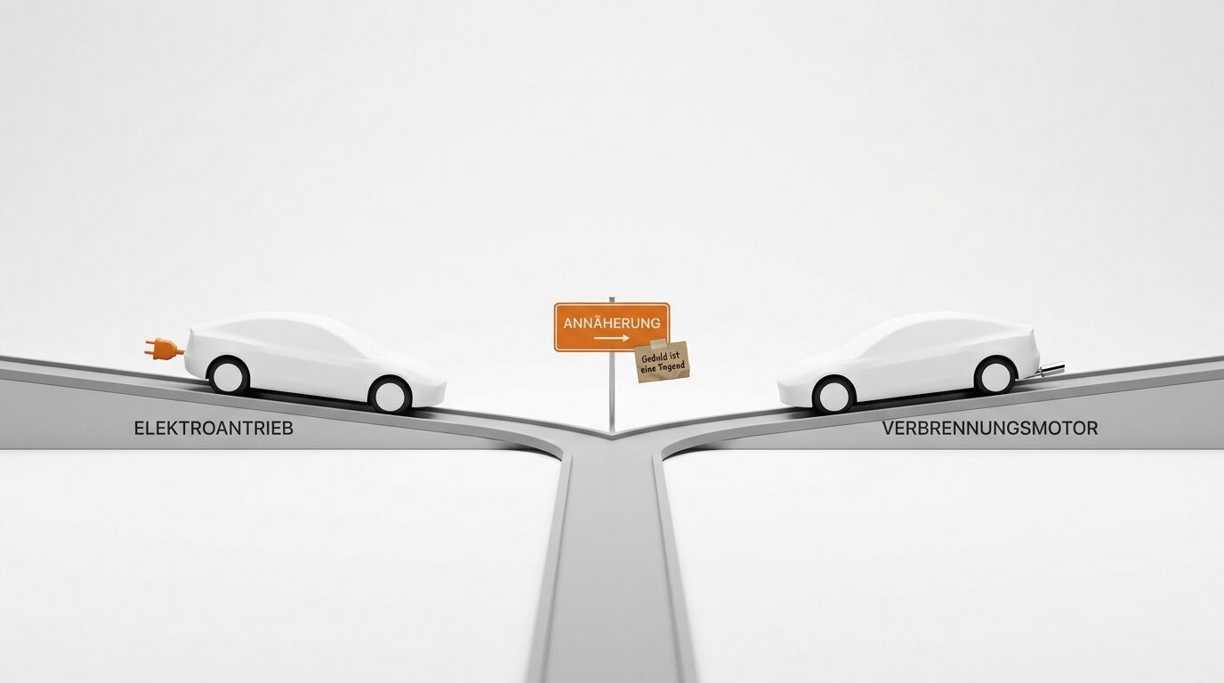 Zwei Auto-Modelle, beschriftet „Elektroantrieb“ und „Verbrennungsmotor“, vor Schild „Annäherung“