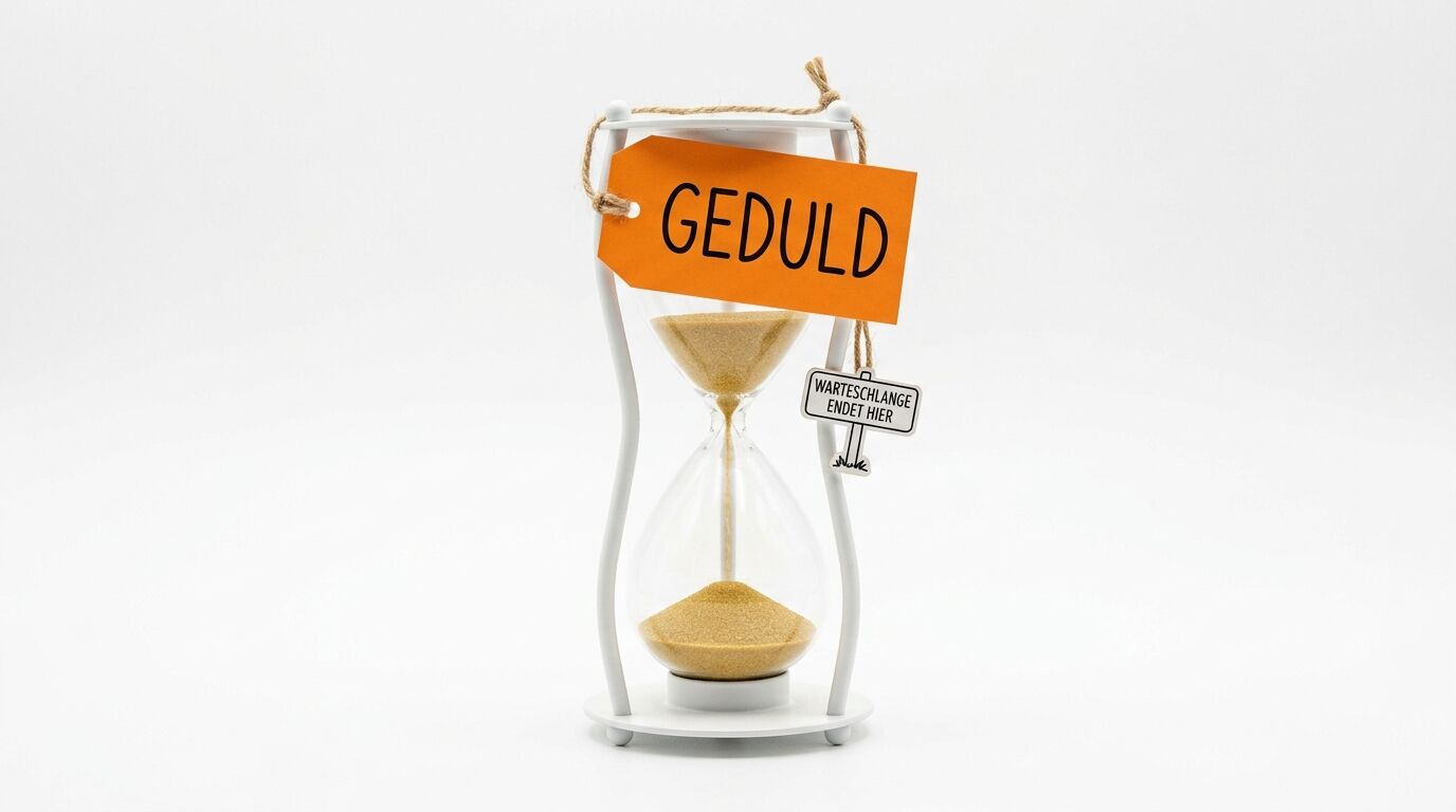 Sanduhr mit zwei Schildern, beschriftet mit „GEDULD“ und „WARTESCHLANGE ENDET HIER“