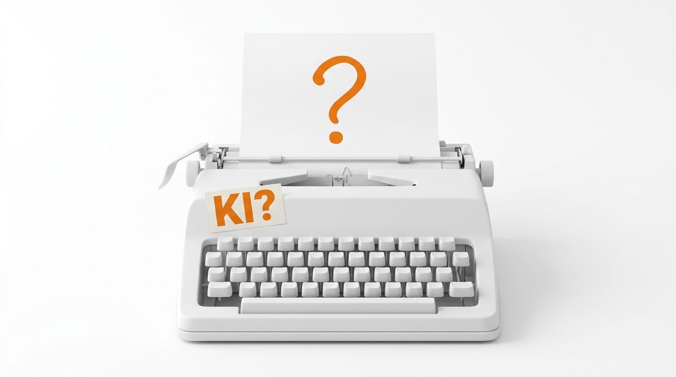 Weiße Schreibmaschine mit Papier, Fragezeichen und Aufkleber „KI?“