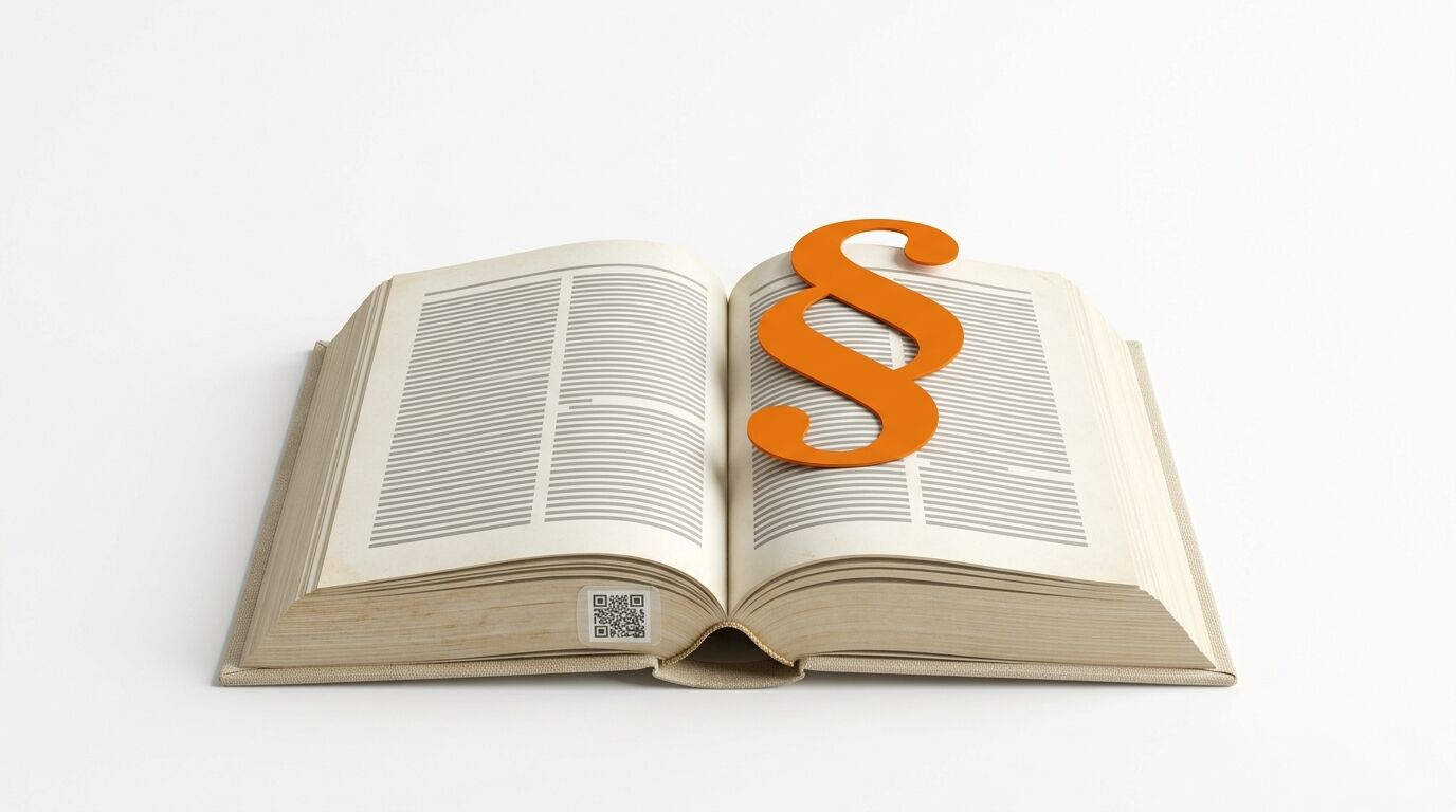 Geöffnetes Buch mit orangefarbenem Paragrafenzeichen und einem QR-Code auf weißem Grund