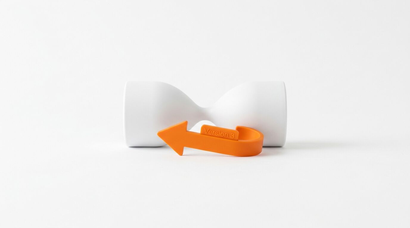 Weißes, tailliertes Kunststoffobjekt mit orangefarbenem Pfeil „Version 3“ davor