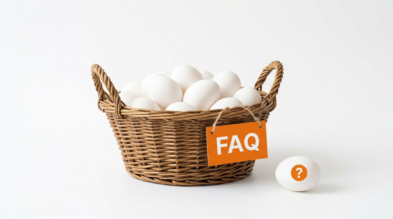 Weidenkorb voller weißer Eier, orangefarbenes FAQ-Schild und ein Ei mit Fragezeichen