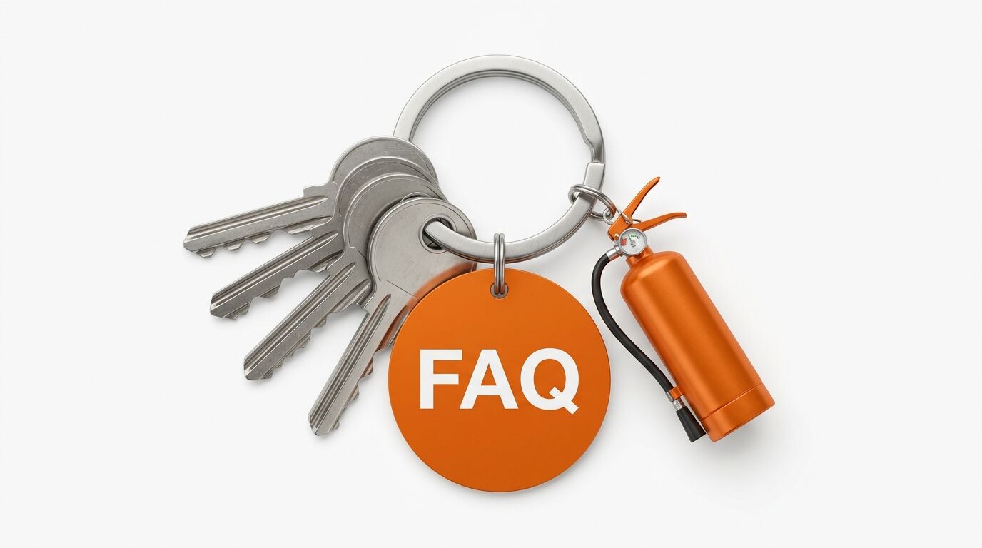 Schlüsselbund mit FAQ-Schild und Feuerlöscheranhänger auf weißem Grund
