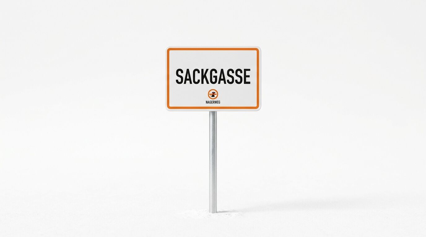 Ein Schild auf einem Metallpfahl trägt die Aufschrift Sackgasse und den Straßennamen Nagerweg