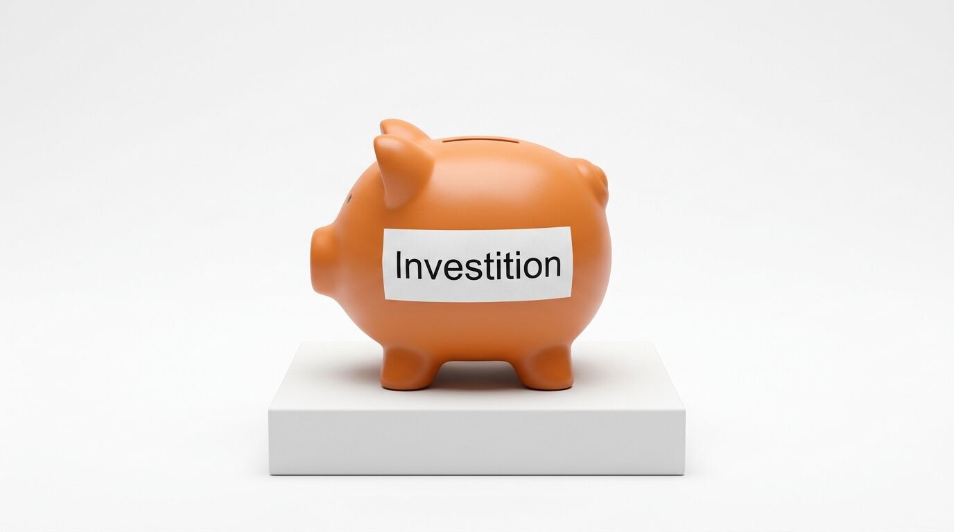 Ein orangefarbenes Sparschwein mit dem Text „Investition“ steht auf einem weißen Sockel