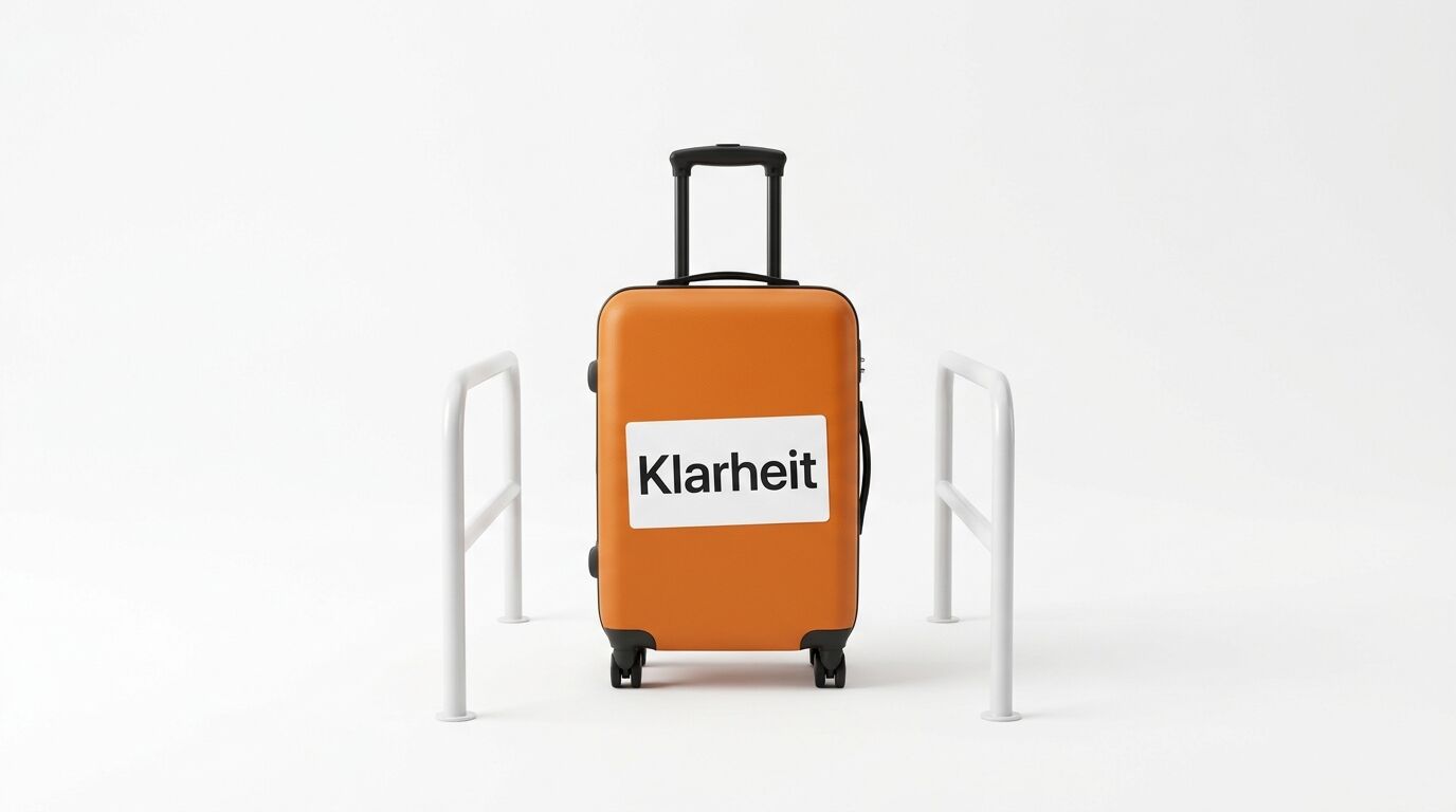 Orangefarbener Koffer mit „Klarheit“-Aufkleber zwischen zwei weißen Absperrbügeln