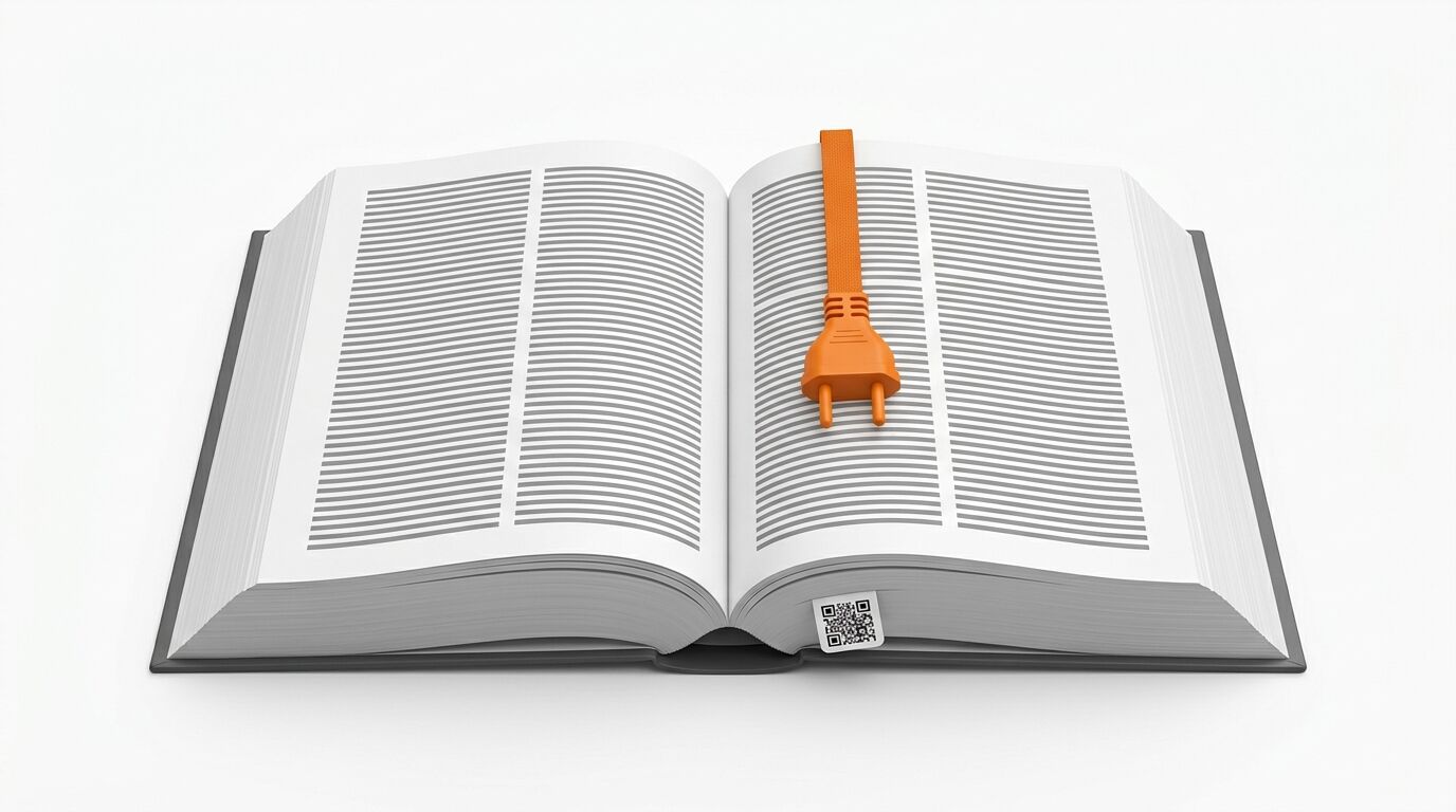 Geöffnetes Buch mit orangefarbenem Stromstecker, Kabel und QR-Code-Lesezeichen auf Weiß