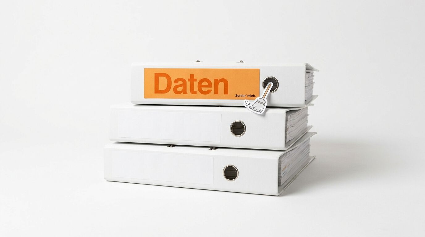 Stapel weißer Aktenordner, oberer mit orangem Aufkleber „Daten Sortier mich“ und Besen-Grafik