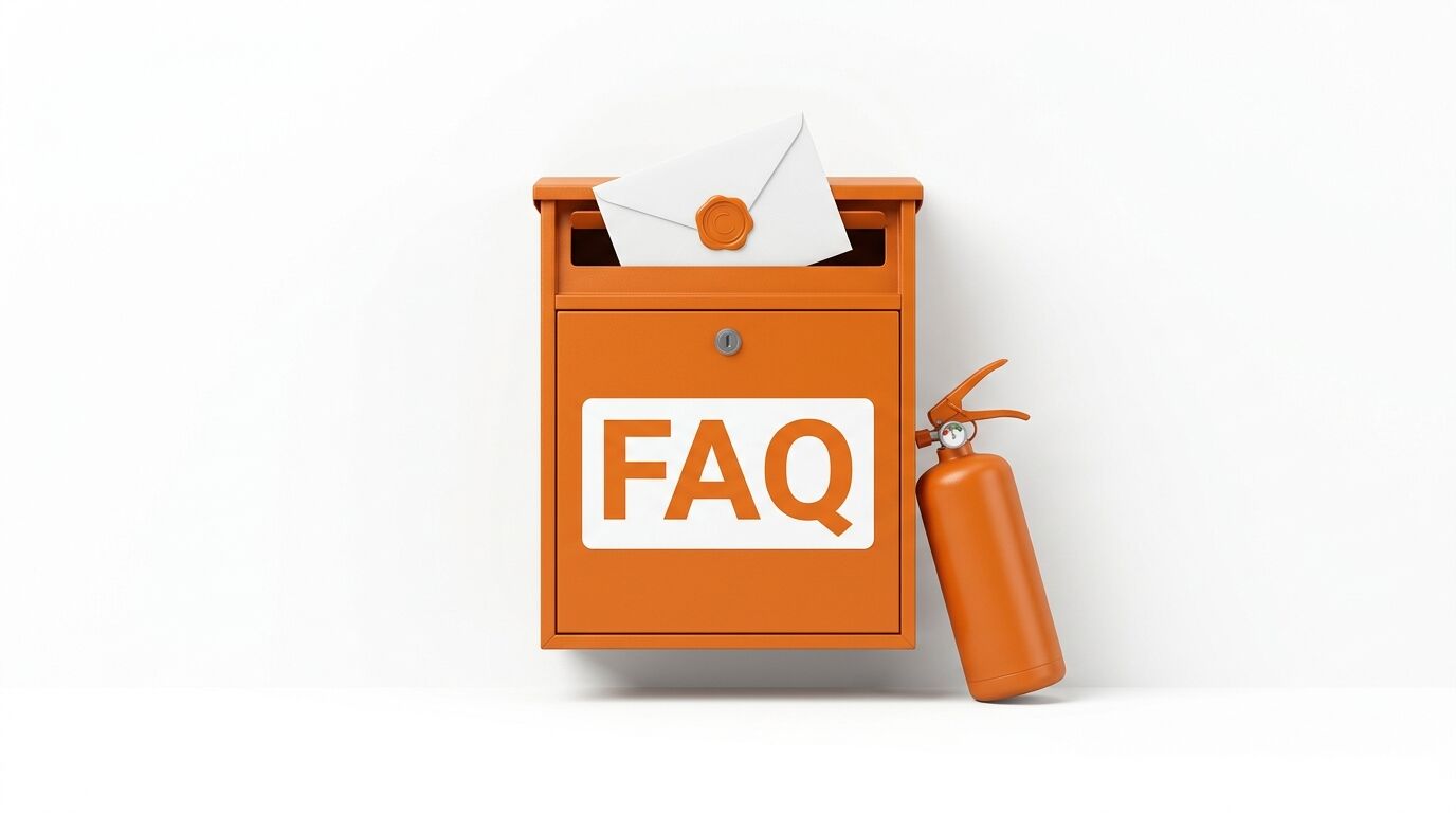 Ein oranger Briefkasten mit dem Aufdruck „FAQ“, einem Brief und einem Feuerlöscher