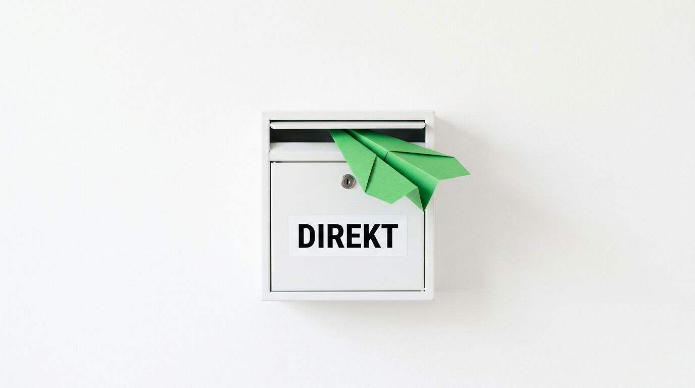 Ein weißer Briefkasten mit der Aufschrift „DIREKT“ und einem grünen Papierflugzeug im Schlitz