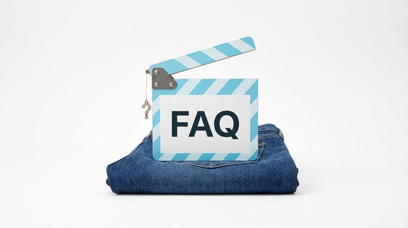 Eine blau gestreifte Filmklappe mit der Aufschrift „FAQ“ steht auf einer gefalteten Jeans