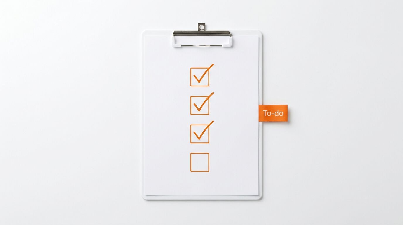 Klemmbrett mit To-do-Liste, drei von vier Feldern orange angehakt