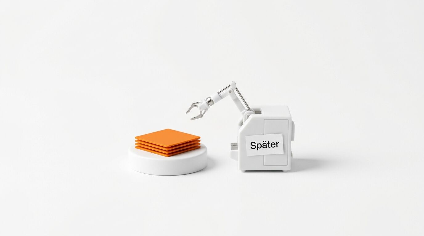 Roboterarm mit „Später“-Schild greift nach orangefarbenen Stapel