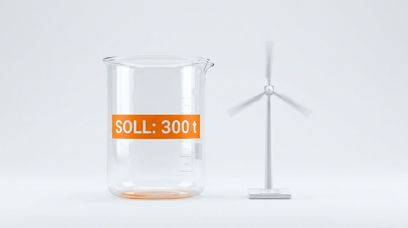 Becherglas mit Beschriftung „SOLL: 300 t“ neben weißem Windkraftrad