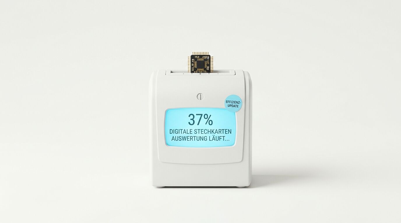 Ein Gerät mit Display zeigt 37% und „DIGITALE STECHKARTEN AUSWERTUNG LÄUFT...“ mit einem Chip oben