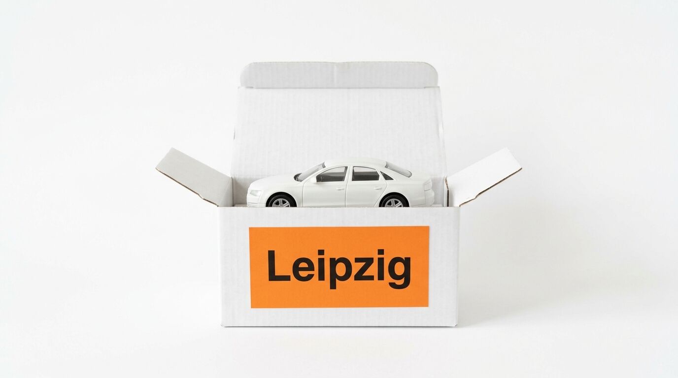 Modellauto in weißem Karton, orangefarbener Aufkleber mit Schriftzug „Leipzig“