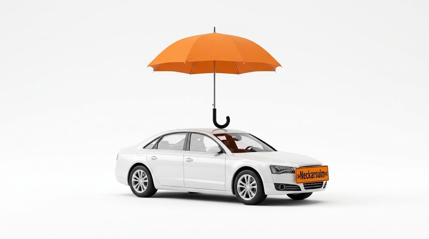 Ein weißer Audi A8 mit einem orangefarbenen Regenschirm auf dem Dach und einem Schild „Neckarsulm“