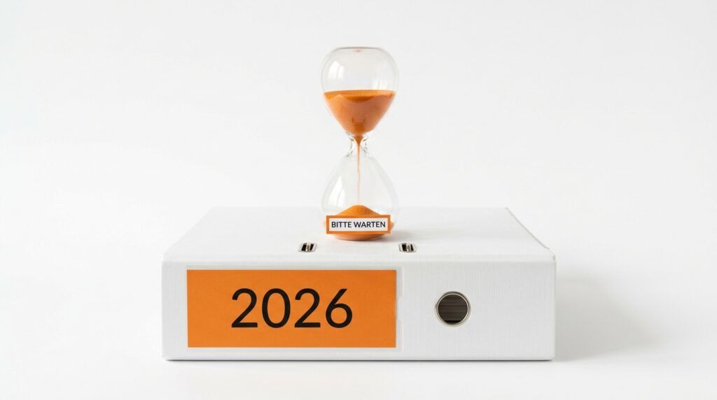 Aufbewahrungsfristen von Unterlagen: Sanduhr mit orangefarbenem Sand auf einem geschlossenen Aktenordner mit Etikett „2026“