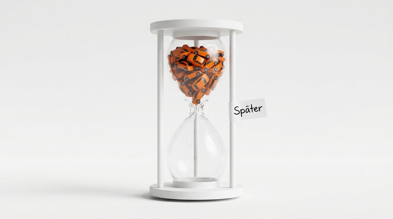 Sanduhr, gefüllt mit kleinen, orangen Spielzeugautos und Zettel mit der Aufschrift Später