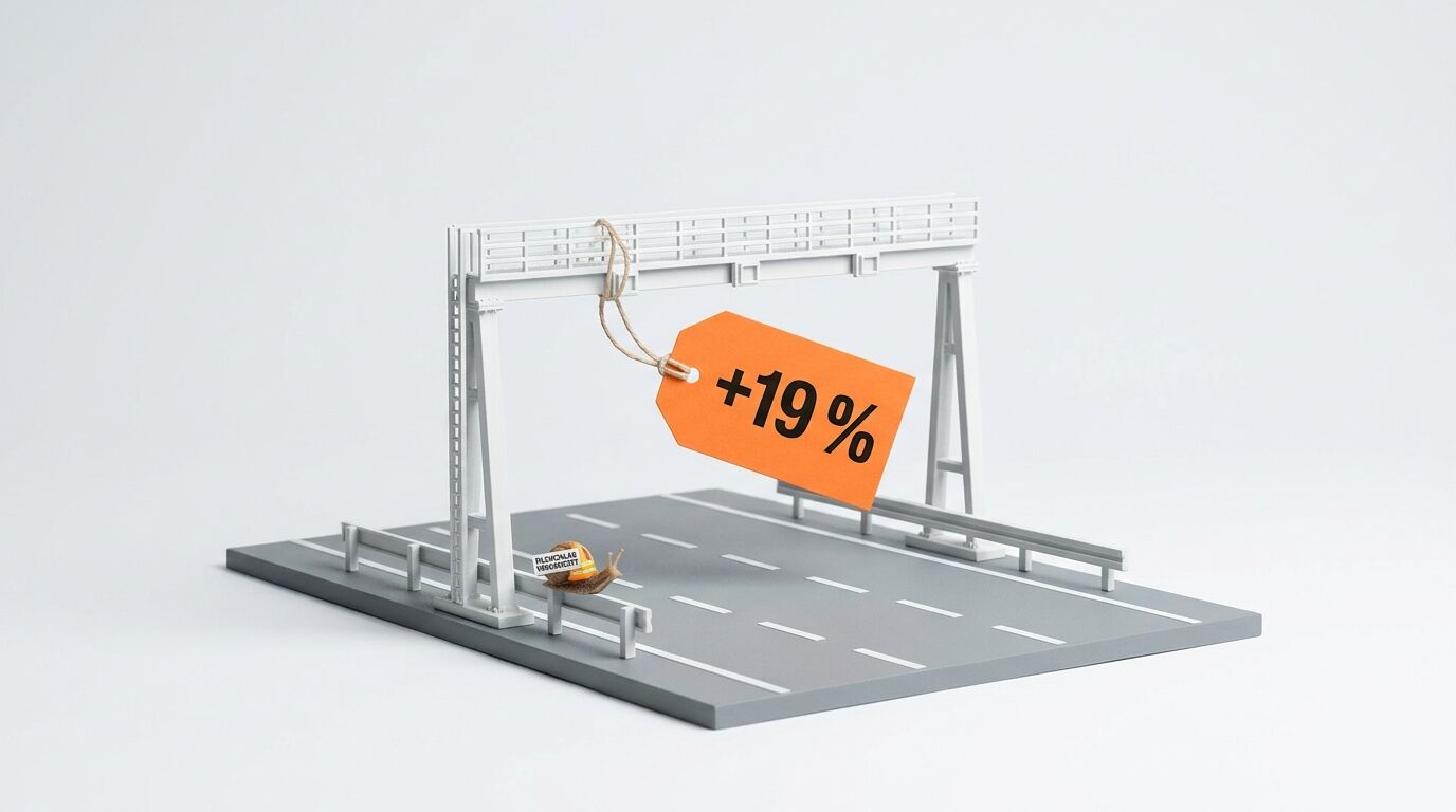Modellautobahn mit Brücke, Schnecke und einem orangefarbenen Anhänger mit der Aufschrift 