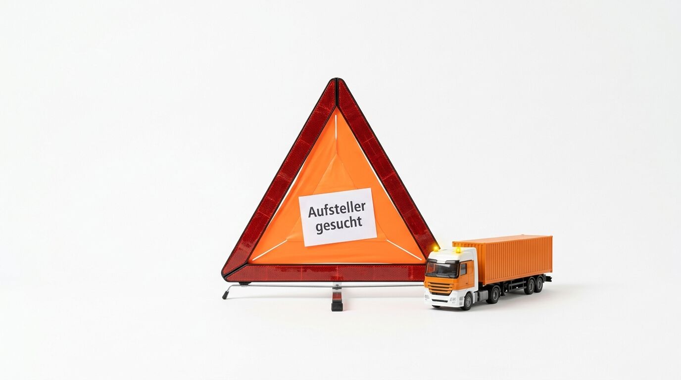 Warndreieck mit Zettel „Aufsteller gesucht“ und LKW-Modell auf weißem Hintergrund