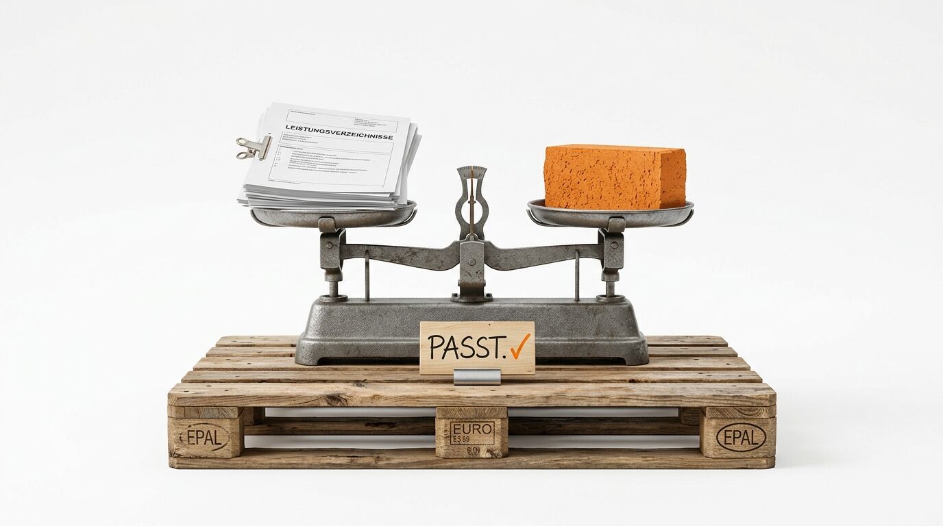 Waage mit Dokumenten links und Ziegelstein rechts, Schild "PASST.✓" in der Mitte, auf EPAL-Palette