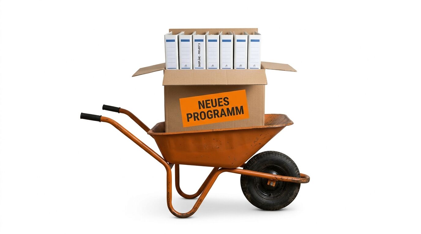 Eine Schubkarre mit Karton und Software-Boxen, orange Schild mit "NEUES PROGRAMM"