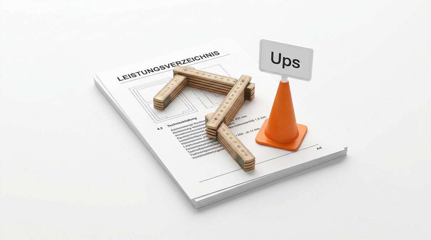 Dokumentation mit Messstab, orange Kegel und "Ups"-Schild auf technischem Leistungsverzeichnis