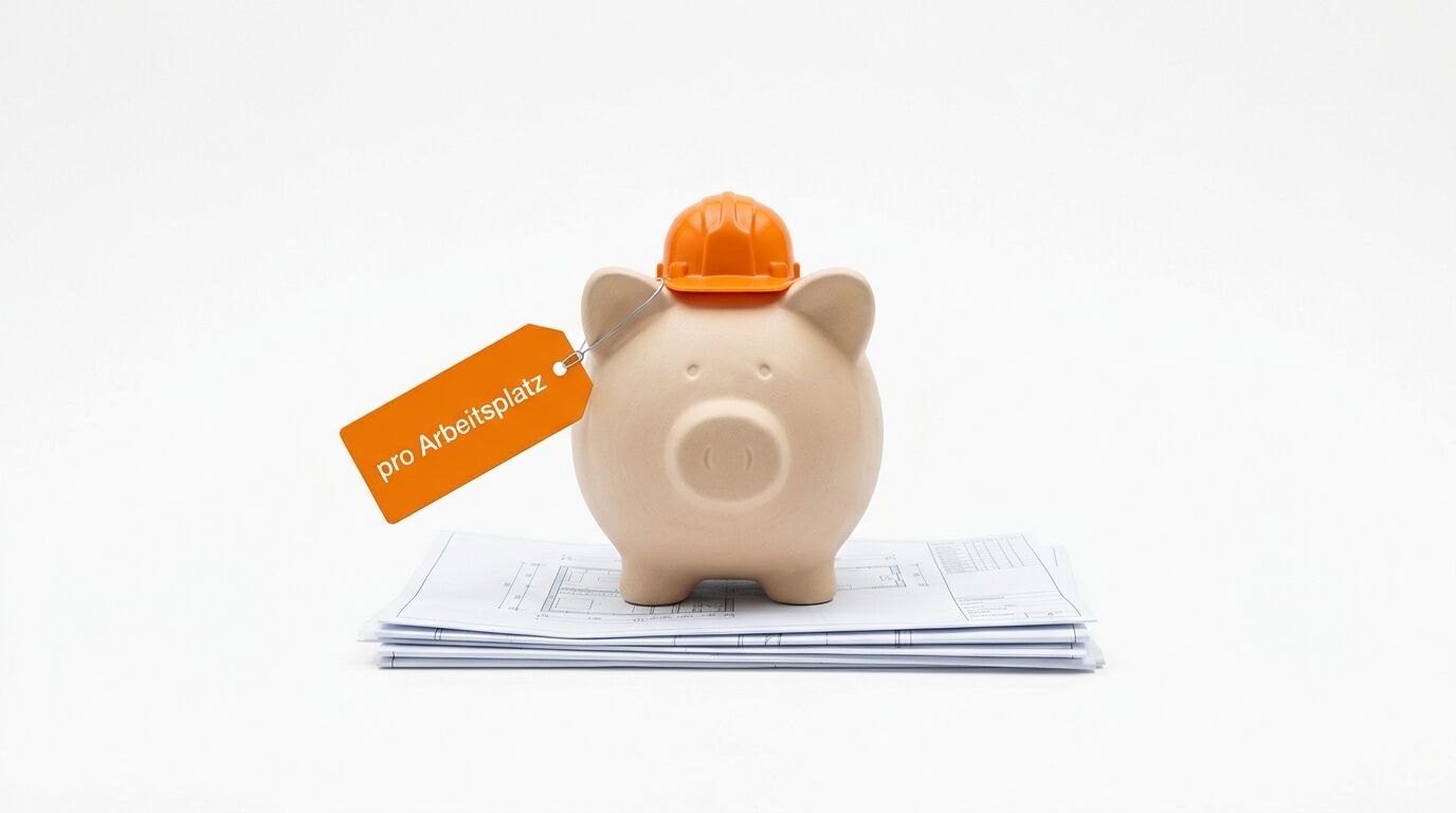 Sparschwein mit Bauhelm auf Bauplänen, Etikett "pro Arbeitsplatz"